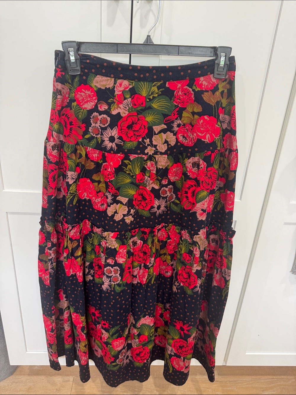Eva Franco Black Maxi Skirt with Red Floral Print